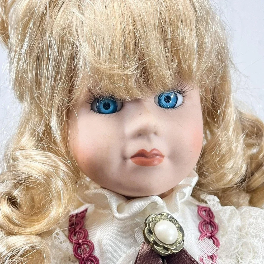 Vintage Porcelain‎ Doll, Painted Face Collectible Doll in Lace Dress